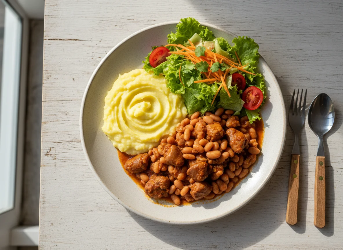Miúdos de frango com feijão, purê de batata e salada photo