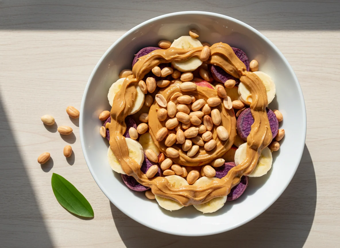 Mix de frutas com pasta de amendoim e amendoim photo