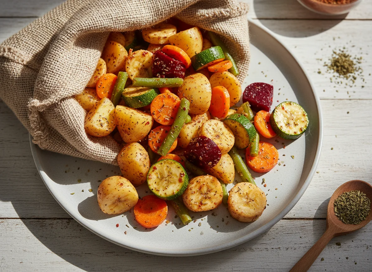 Mix de vegetais e frutas em saco photo