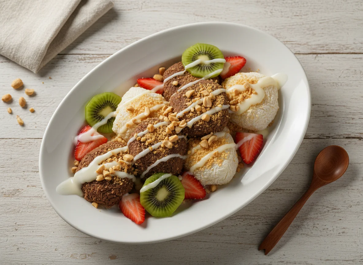 Mochi com frutas e calda photo