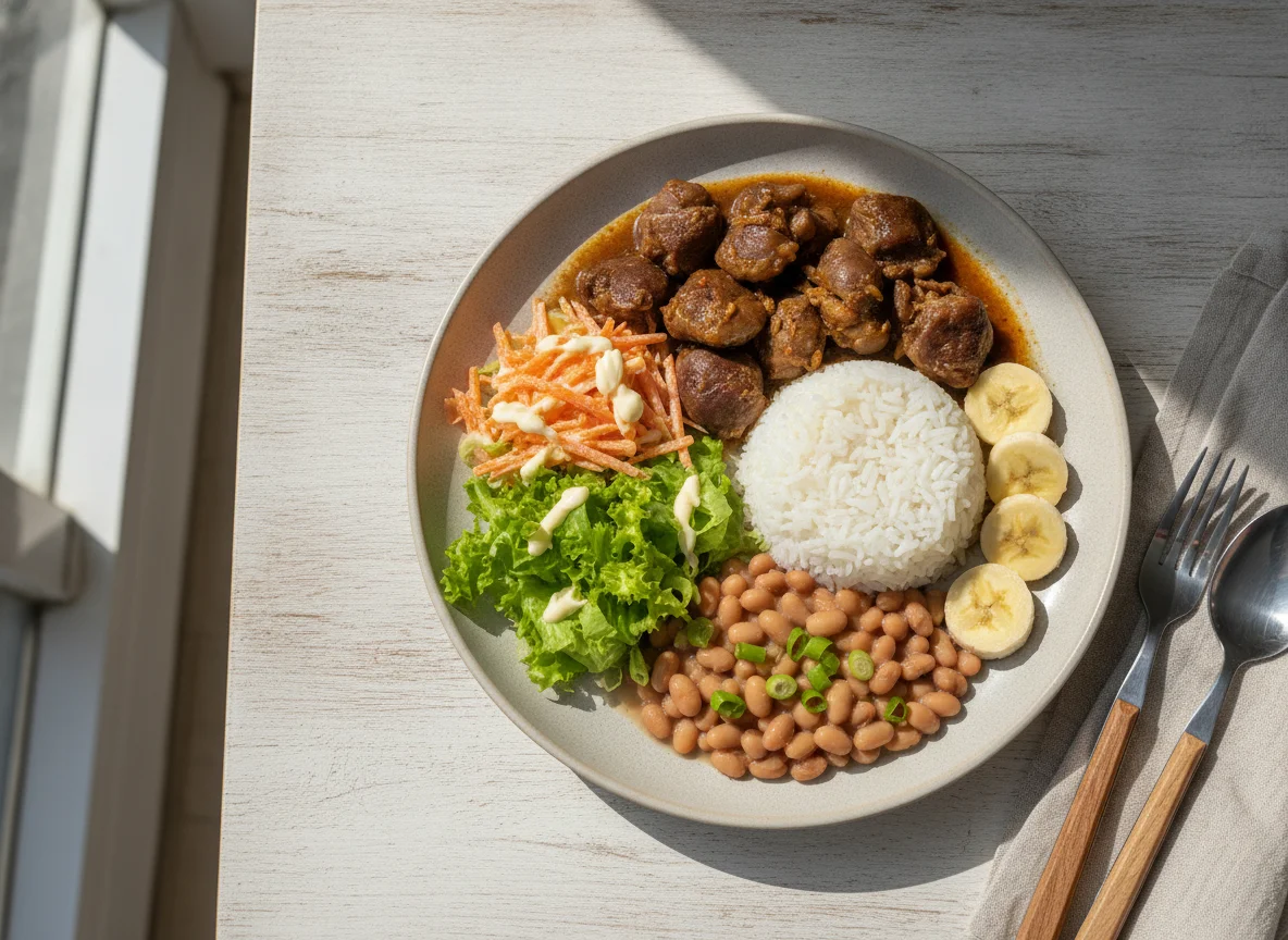 Moela cozida com arroz, feijão, salada e banana photo