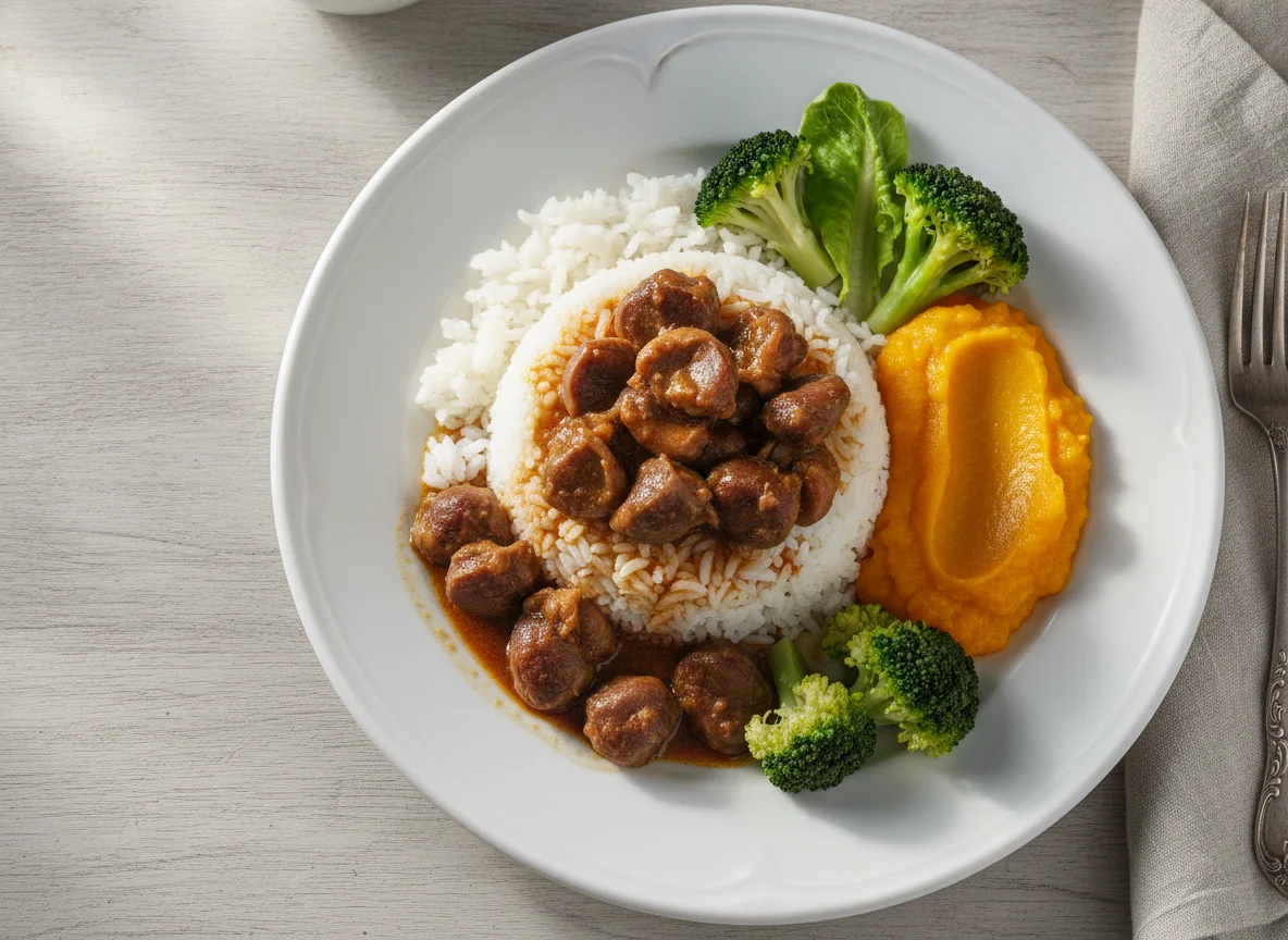 Moela de frango com arroz, abóbora e vegetais photo