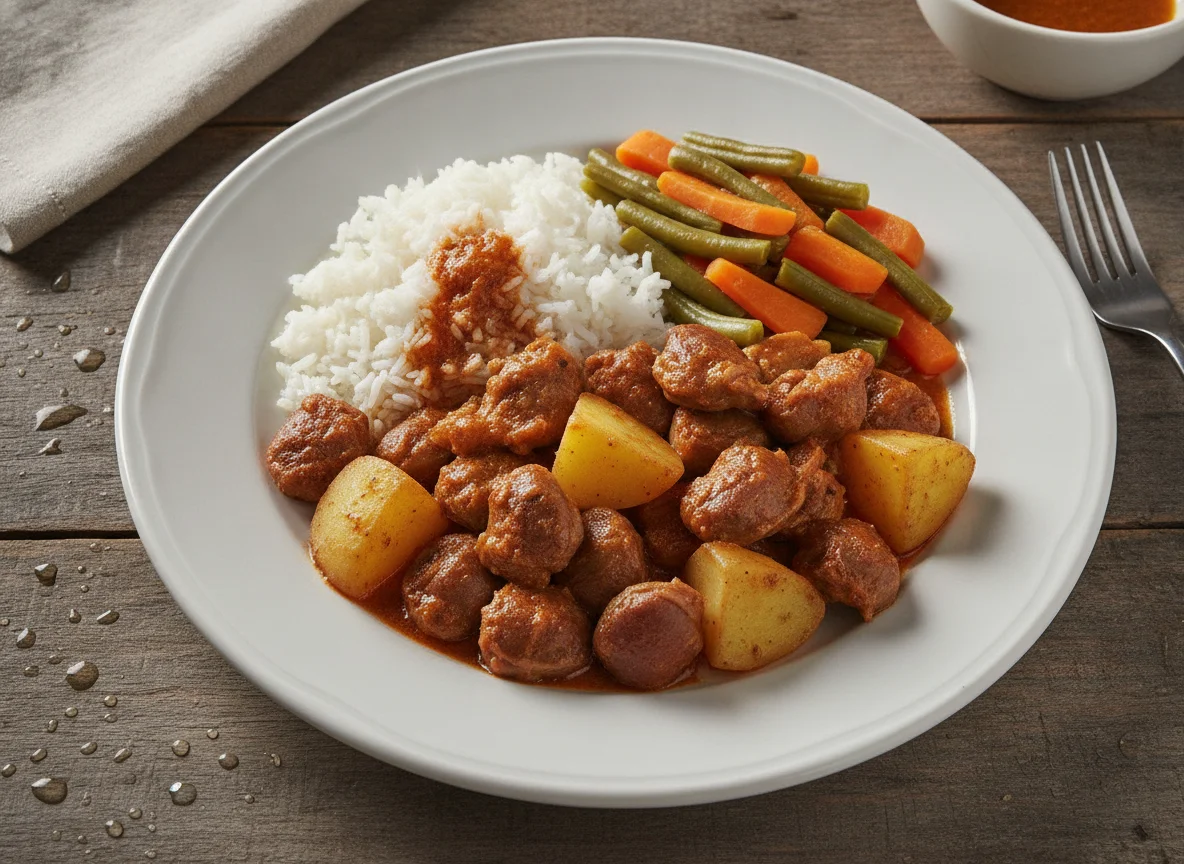 Moela de frango com batata, arroz e legumes photo