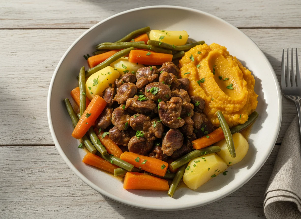 Moela de frango com purê de abóbora e legumes photo