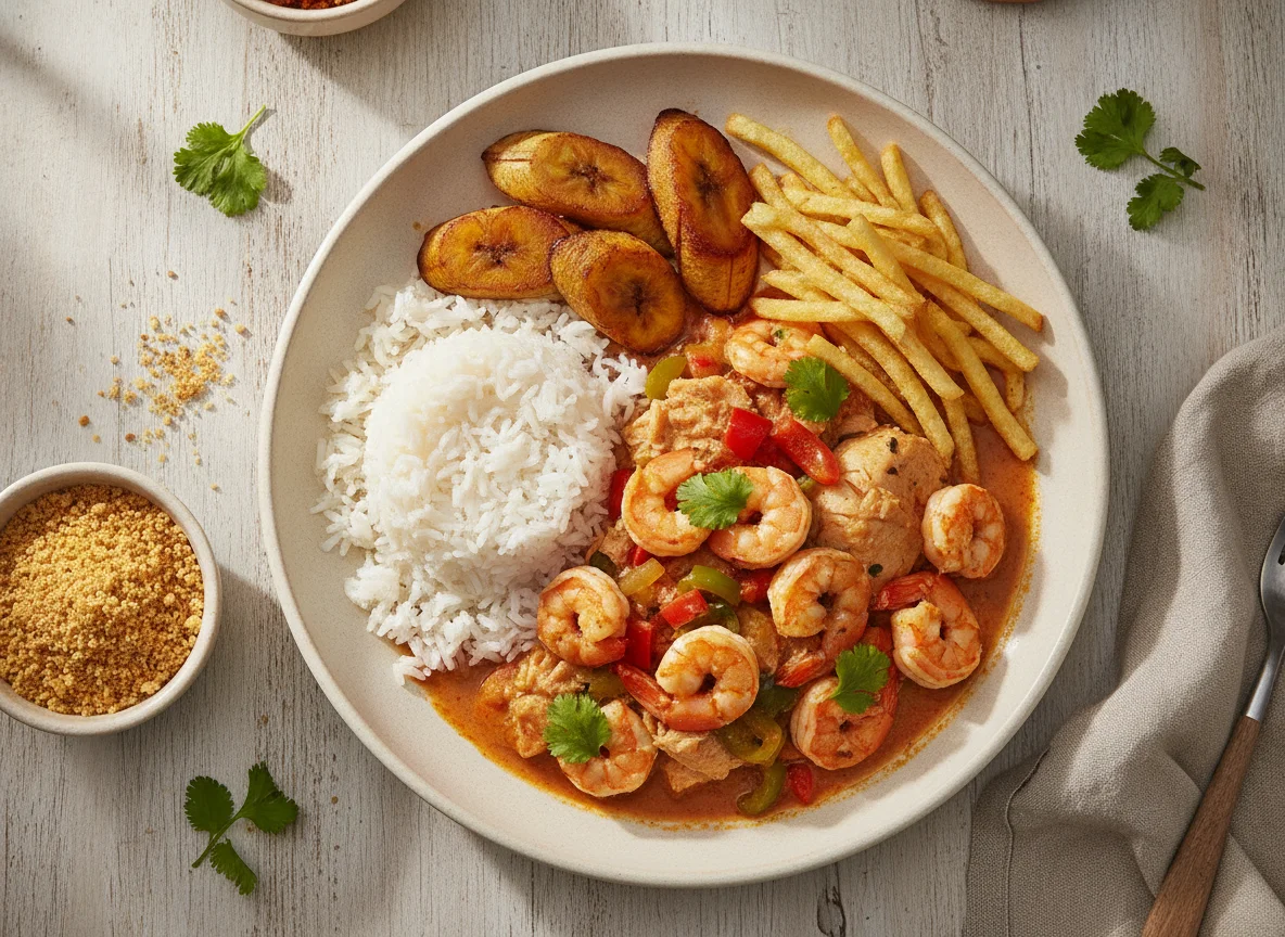 Moqueca de Camarão com Arroz, Farofa e Batata Palha photo