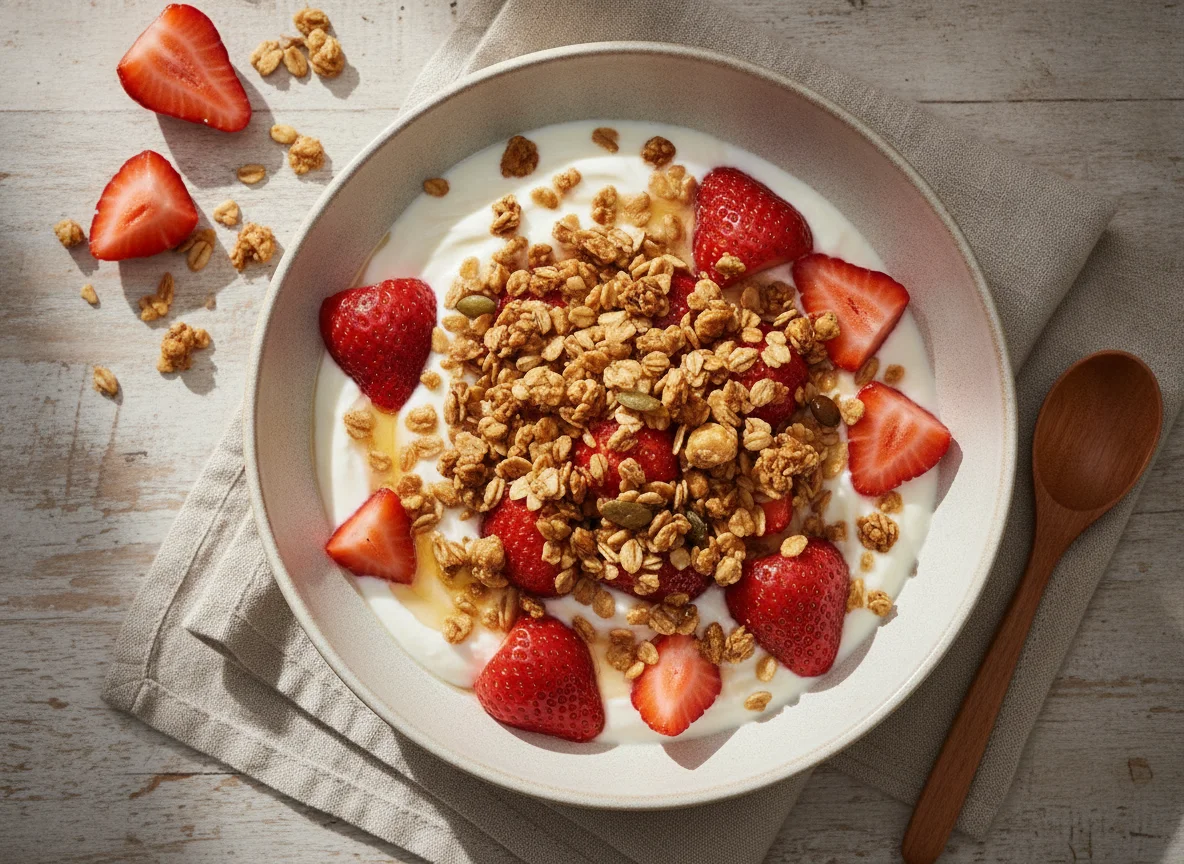 Morangos com iogurte e granola photo