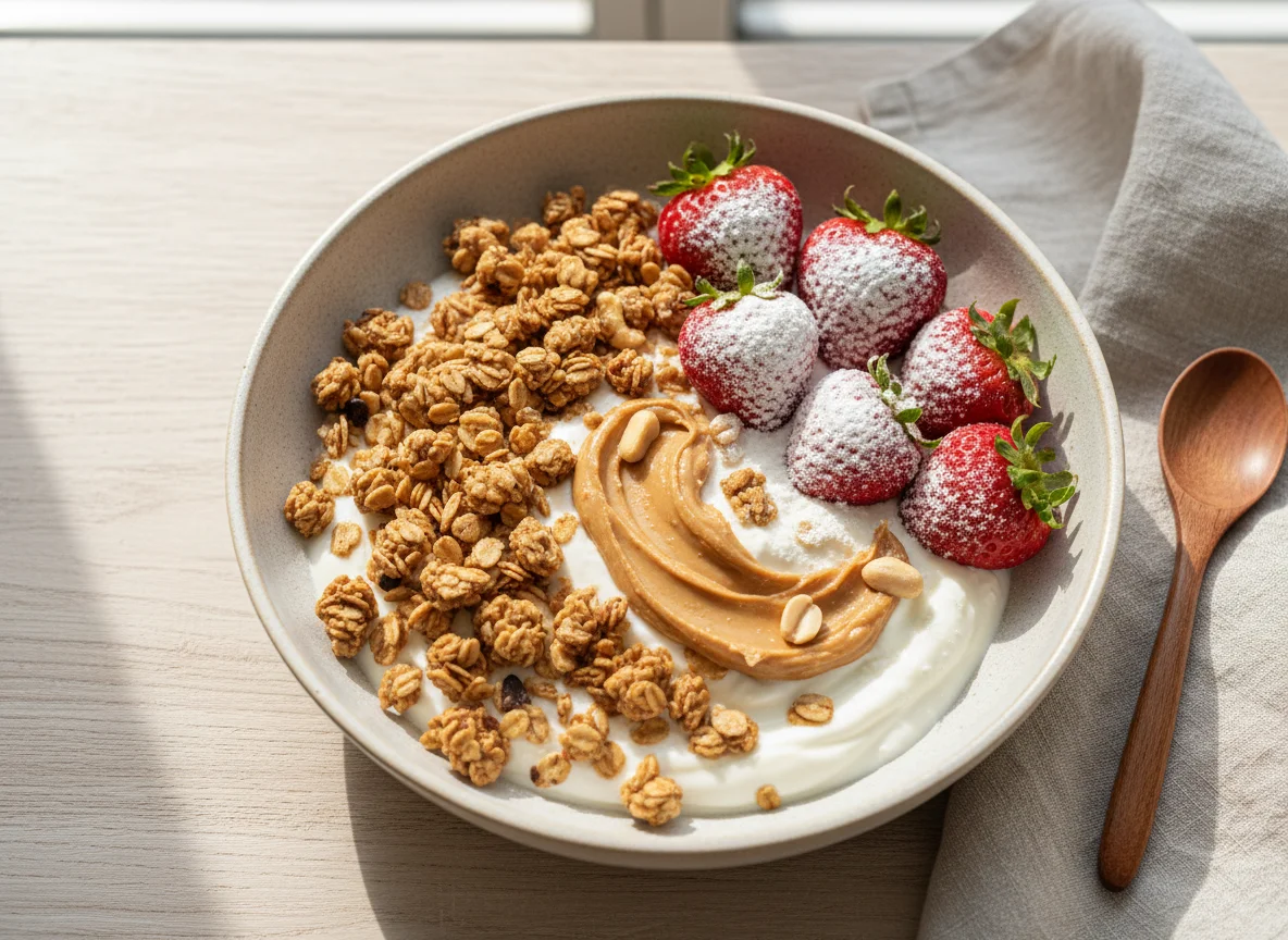 Morangos com Iogurte, Leite em Pó, Granola e Pasta de Amendoim photo