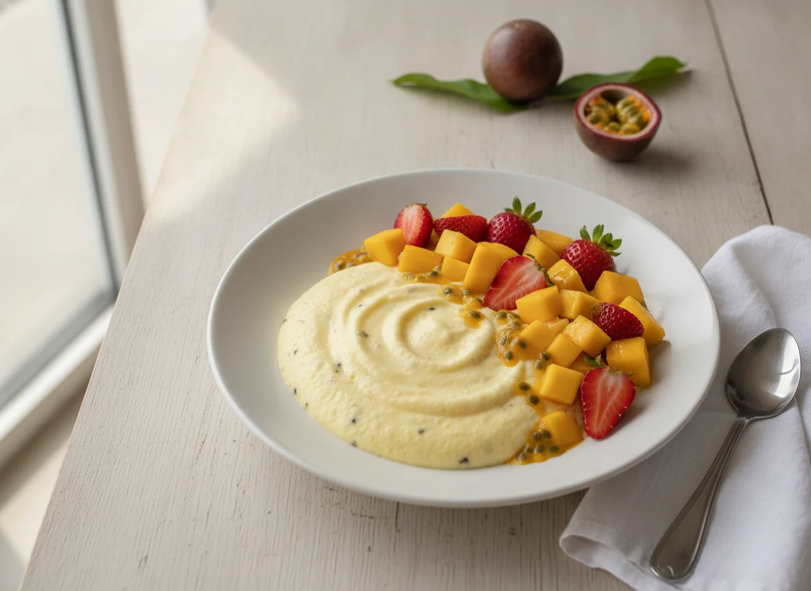Mousse de maracujá com manga e morango photo