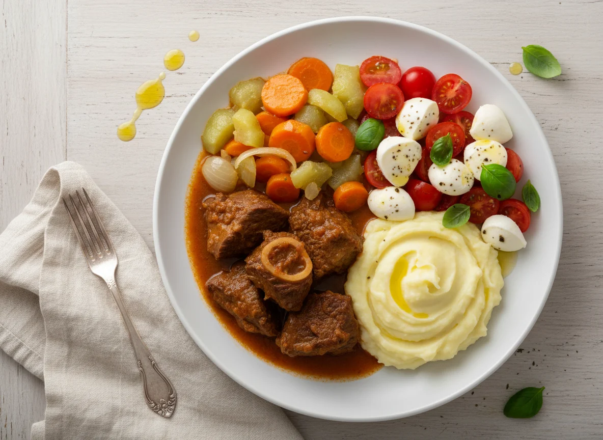 Músculo cozido com legumes, purê de batata e salada caprese photo