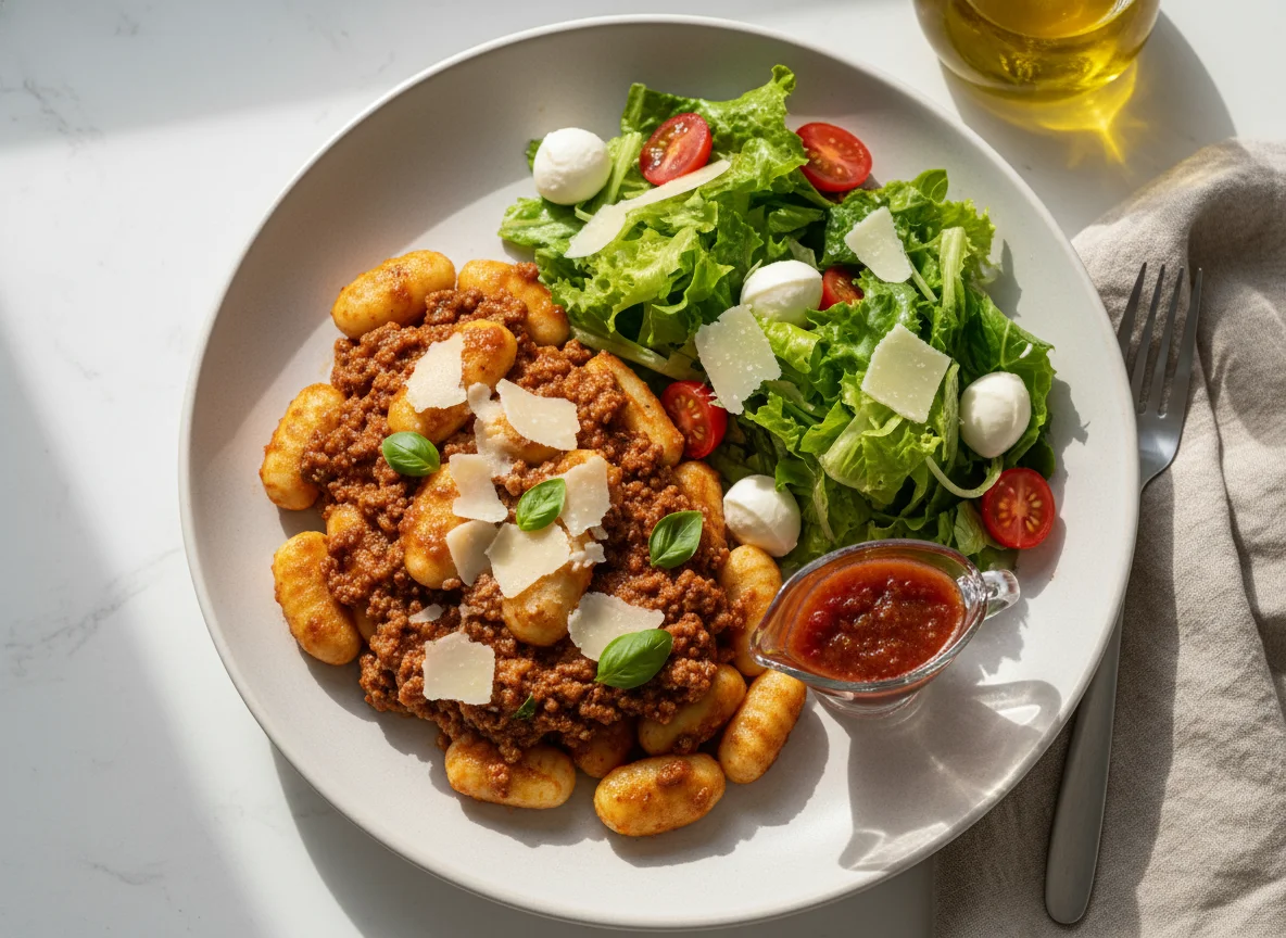 Nhoque à bolonhesa e salada mista photo