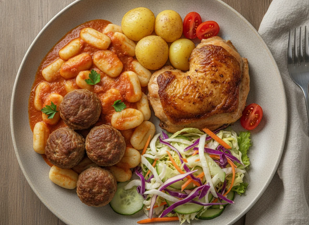 Nhoque com almôndega, frango assado, batatas e salada photo