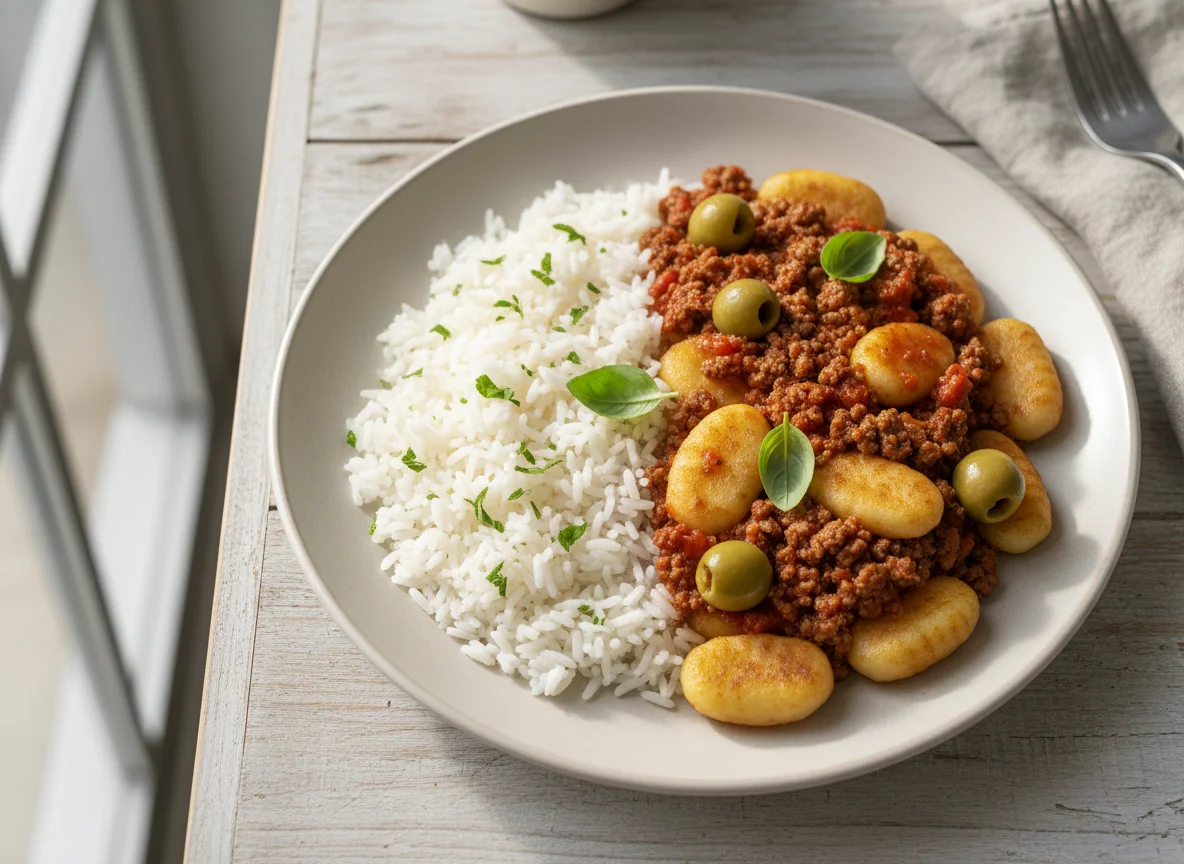 Nhoque com carne moída e arroz photo