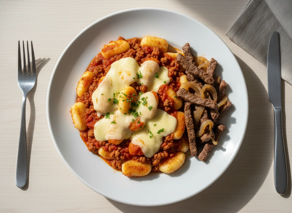 Nhoque com carne moída e bife acebolado photo