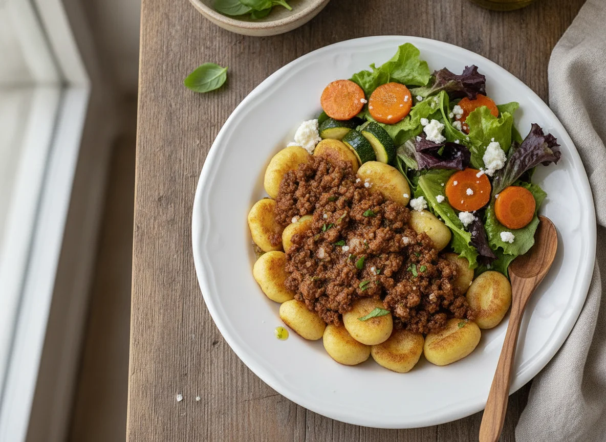 Nhoque com carne moída e salada mista photo