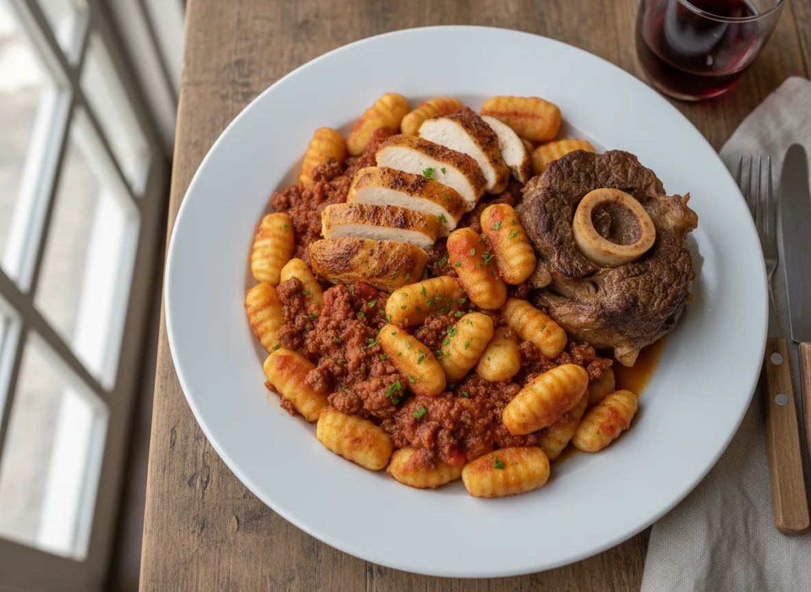 Nhoque com molho à bolonhesa, frango e carne assada photo