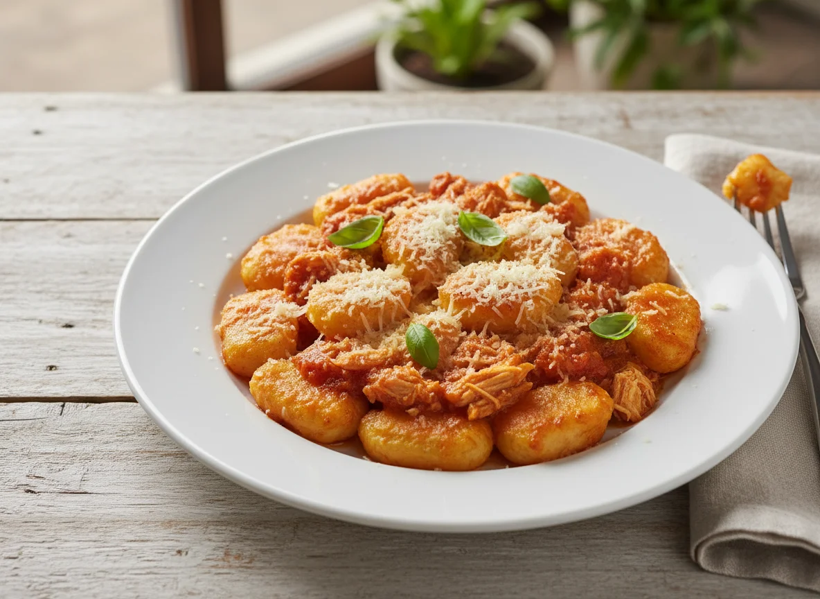 Nhoque com molho de tomate e frango photo