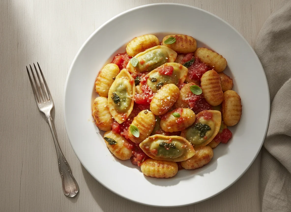 Nhoque com molho de tomate e ravióli de espinafre photo