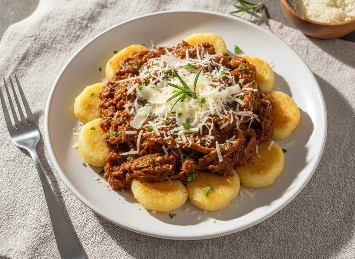Nhoque com ragu e queijo parmesão photo