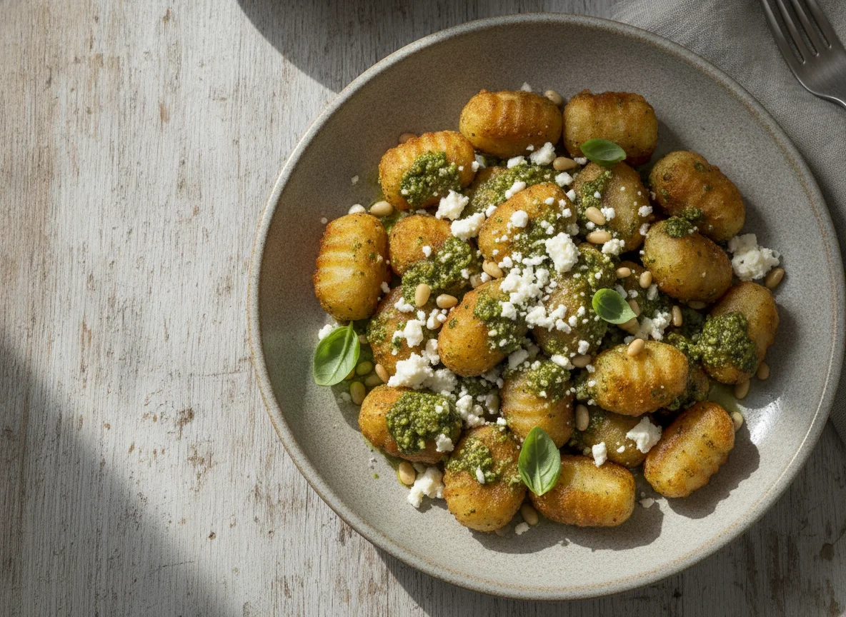 Nhoque frito com pesto e queijo photo