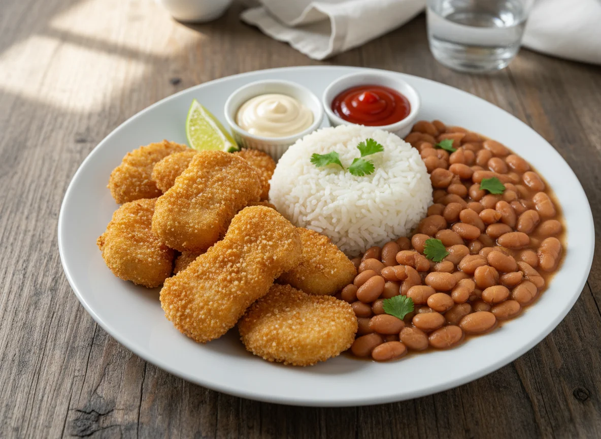 Nuggets com arroz, feijão e molhos photo