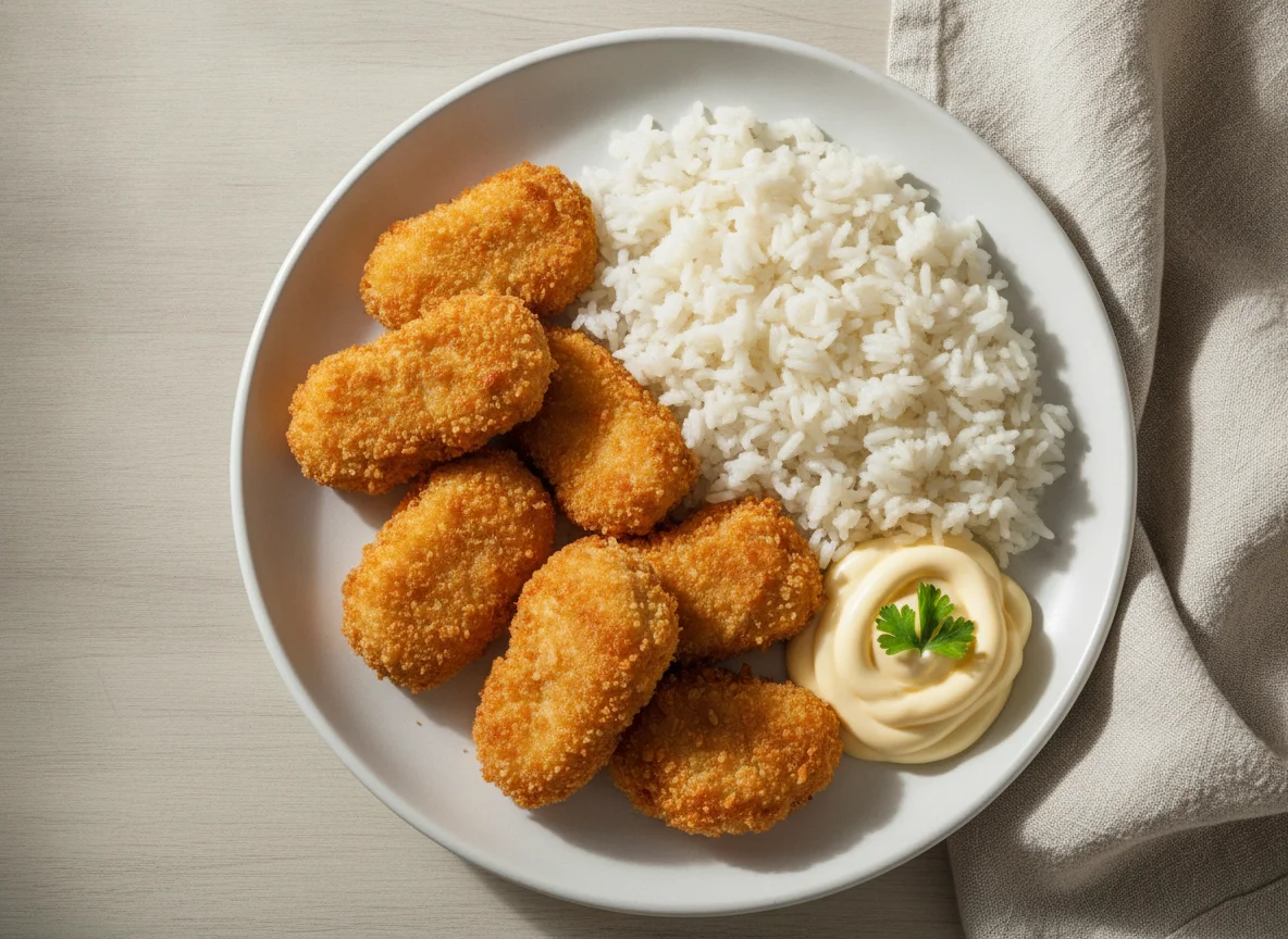 Nuggets de frango com arroz e maionese photo