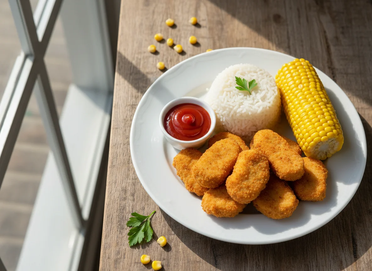 Nuggets de frango com arroz e milho photo