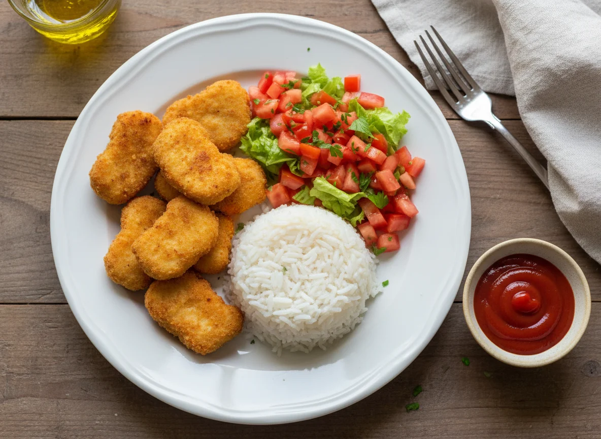 Nuggets de frango com arroz e salada photo