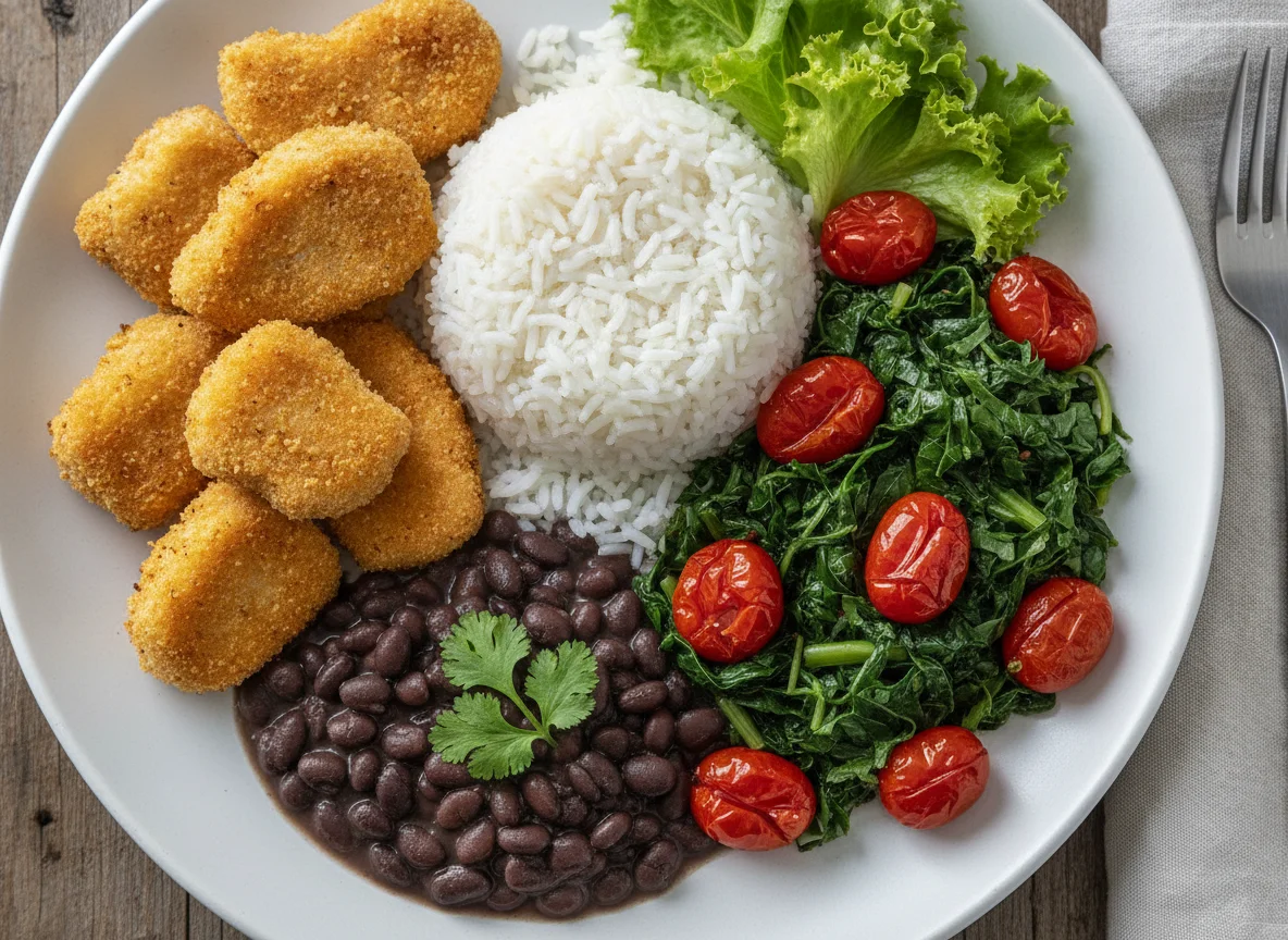Nuggets de frango com arroz, feijão, couve e tomates photo