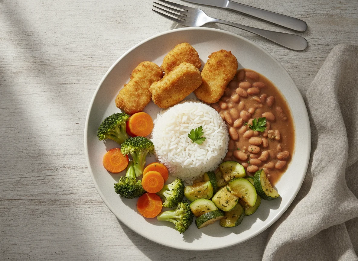 Nuggets de frango com arroz, feijão e legumes photo