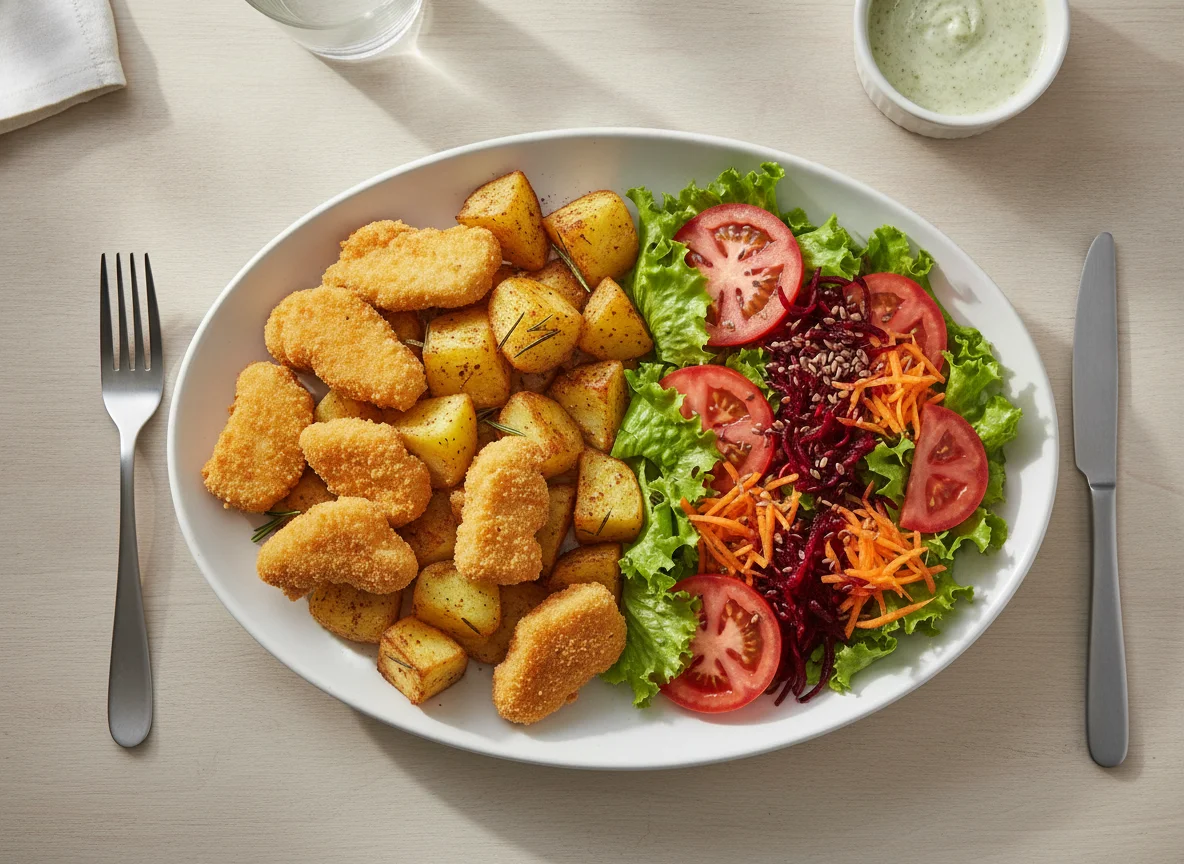 Nuggets de frango com batatas assadas e salada mista photo