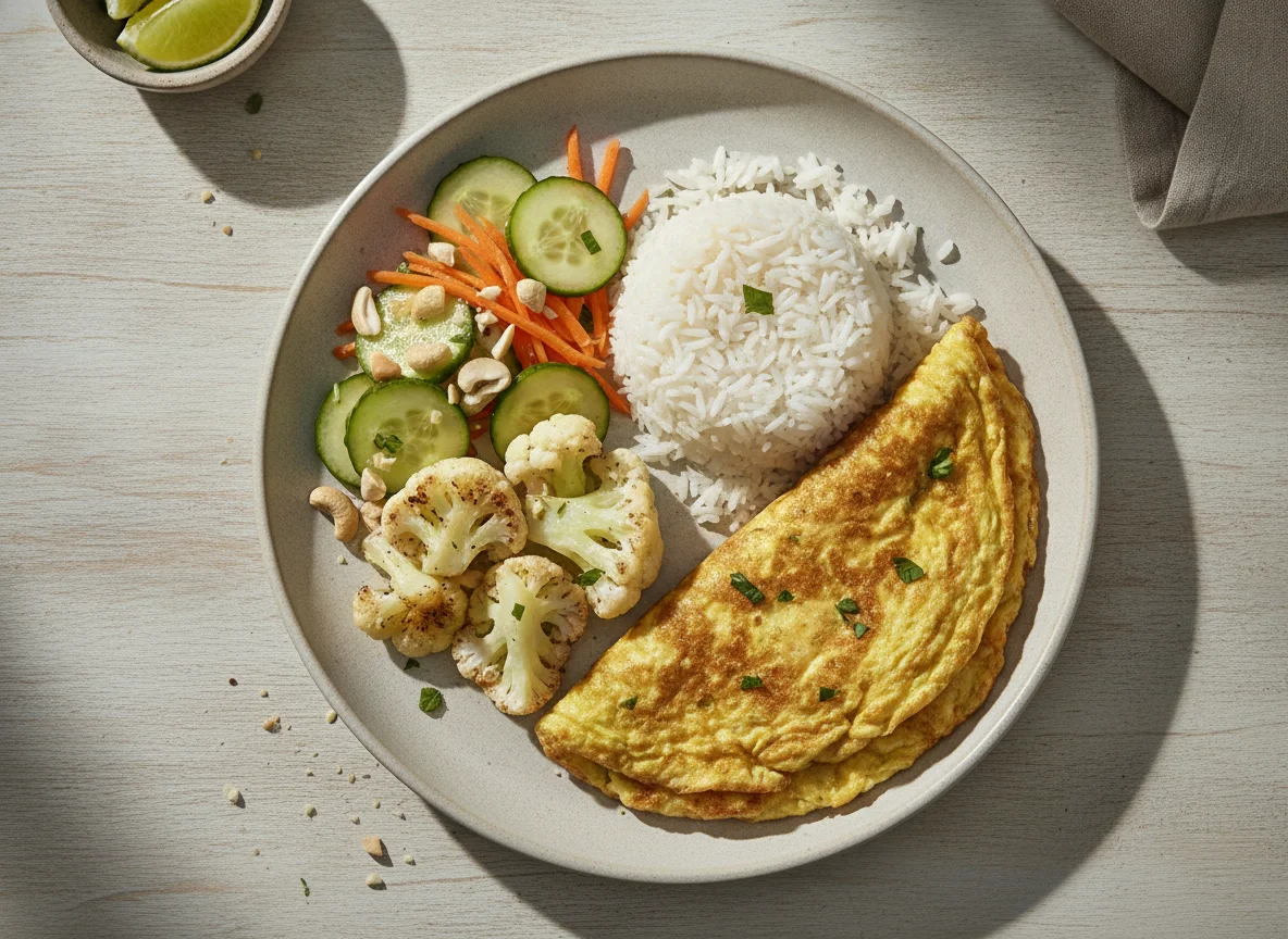 Omelete com arroz, couve-flor e salada photo