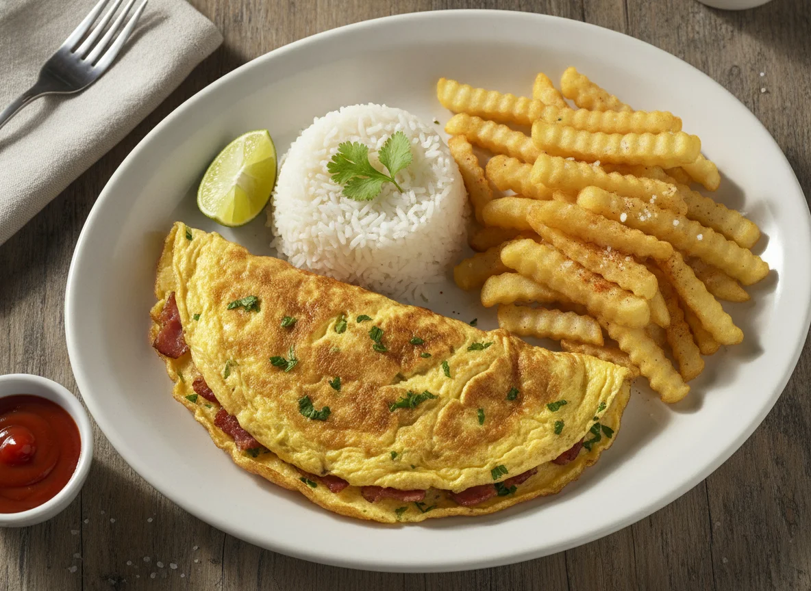 Omelete com arroz e batata frita photo