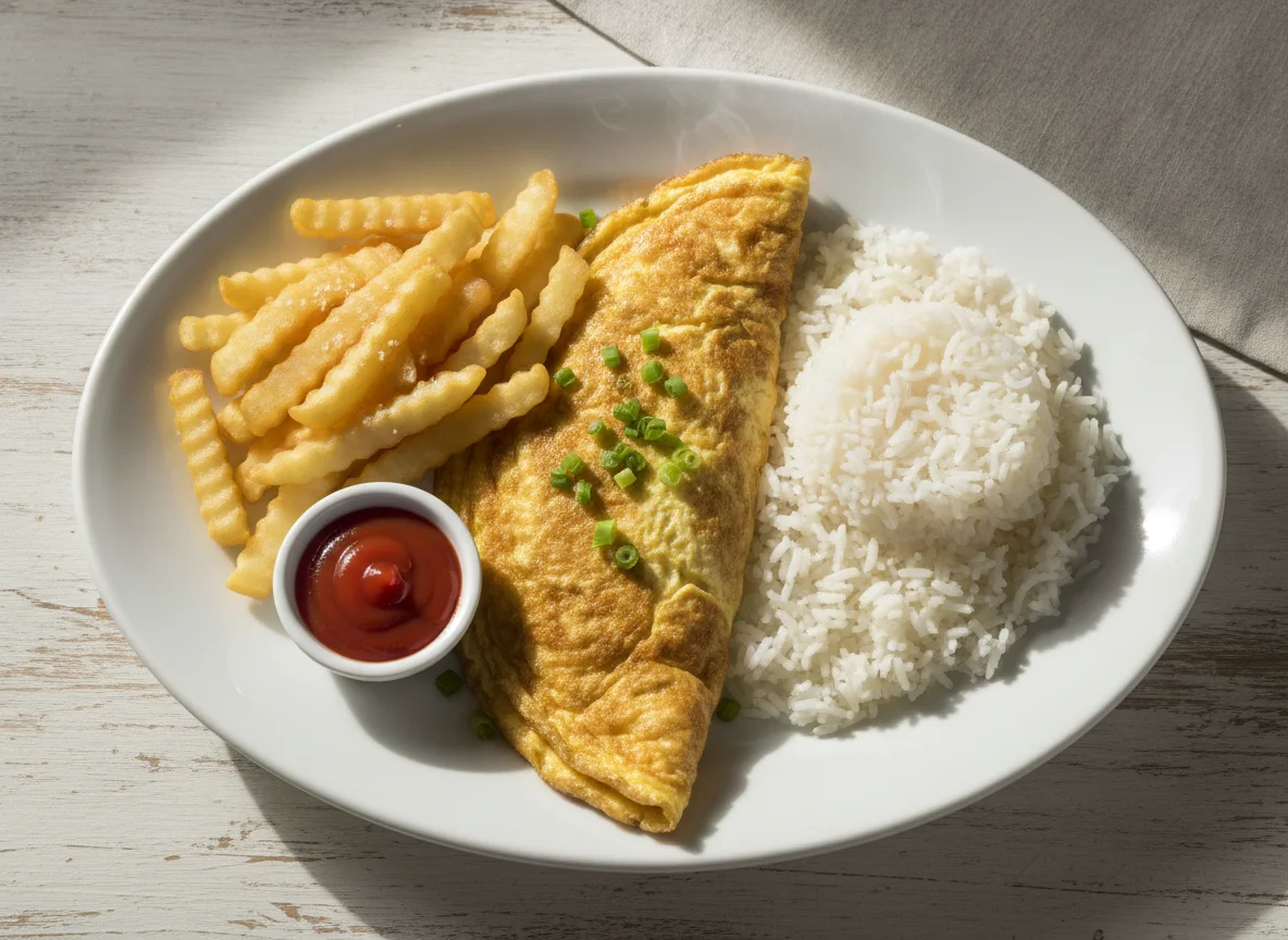 Omelete com arroz e batatas fritas photo