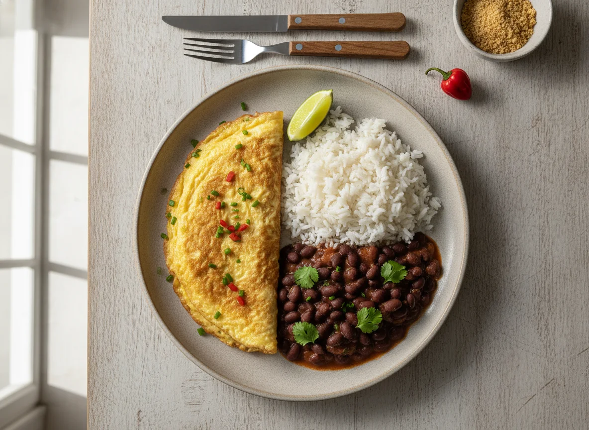 Omelete com arroz e feijão photo