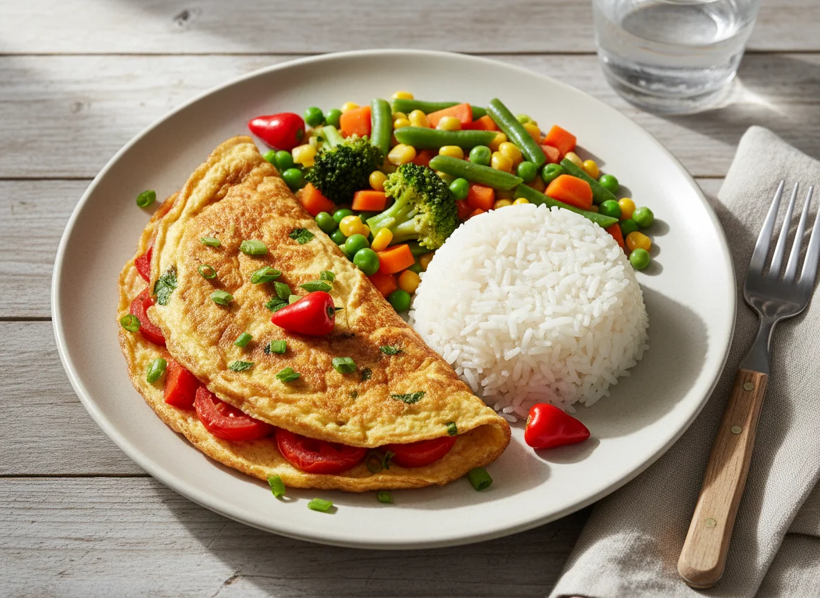 Omelete com arroz e legumes salteados photo