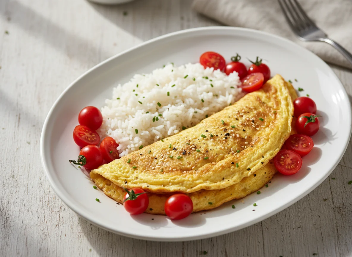 Omelete com arroz e tomate cereja photo