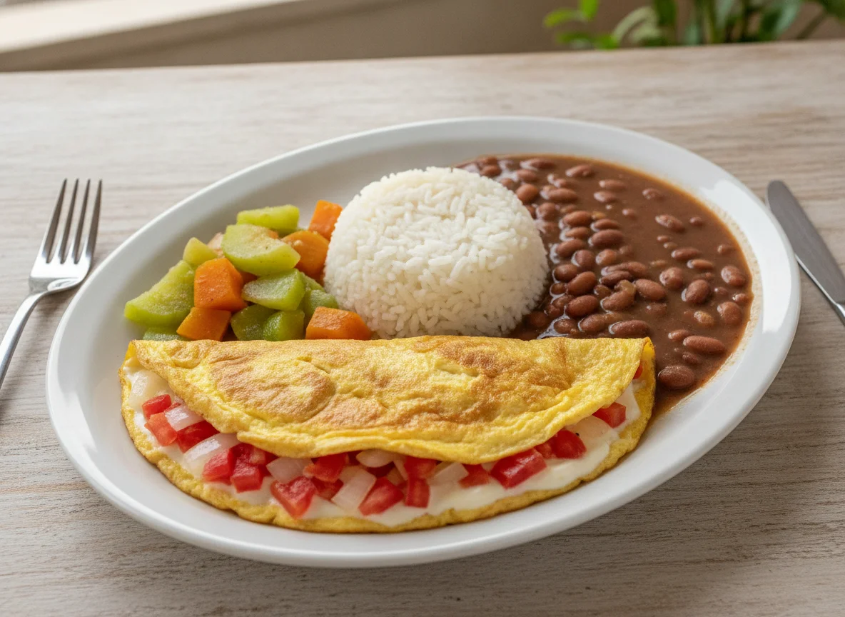 Omelete com arroz, feijão e legumes photo