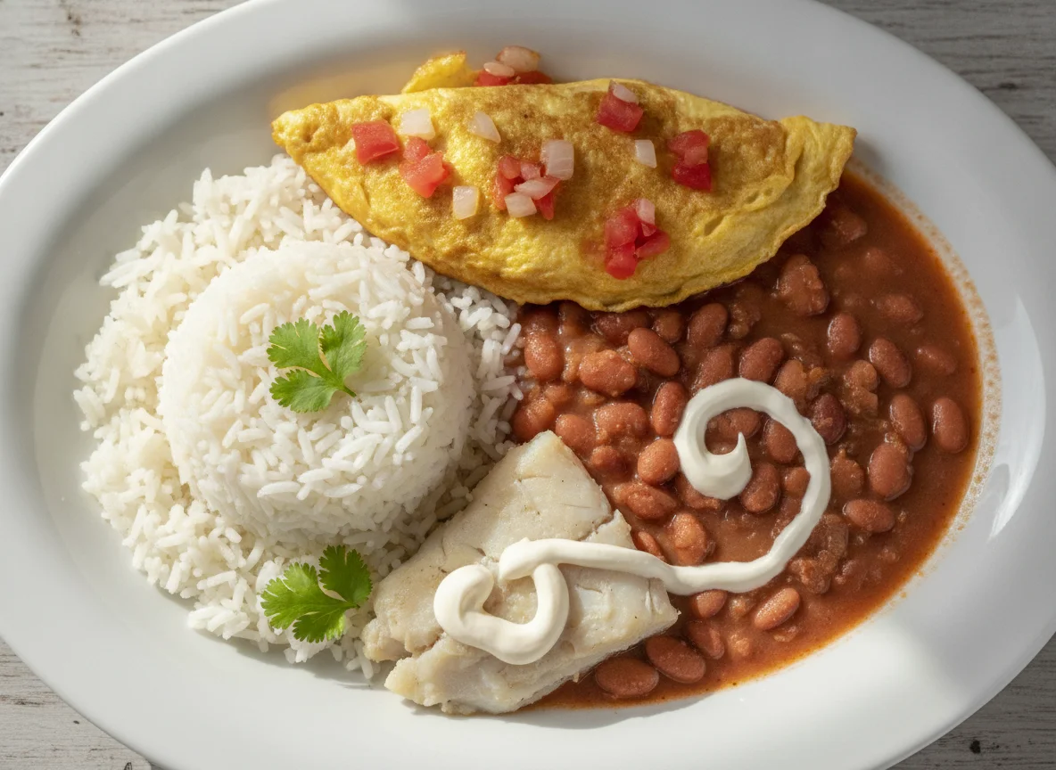 Omelete com arroz, feijão e peixe cozido photo