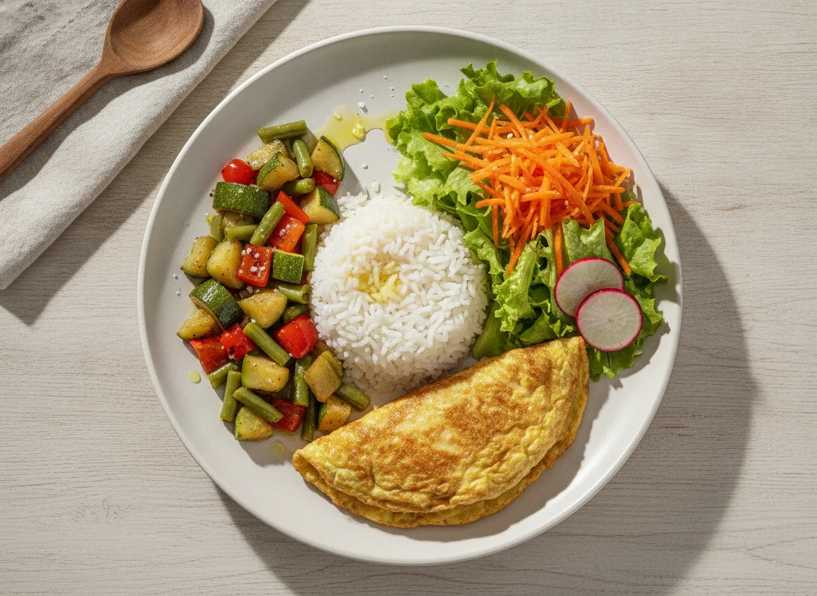 Omelete com arroz, legumes e salada photo