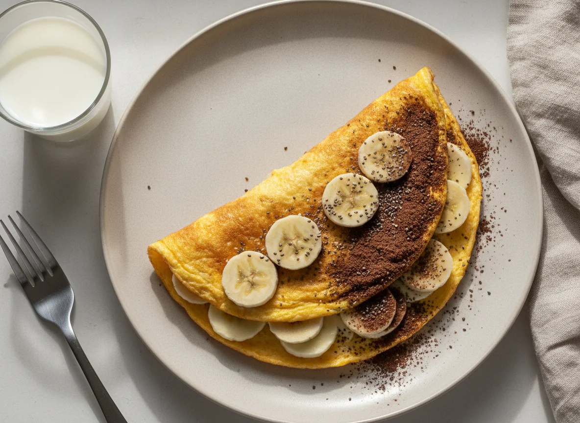 Omelete com banana e achocolatado photo