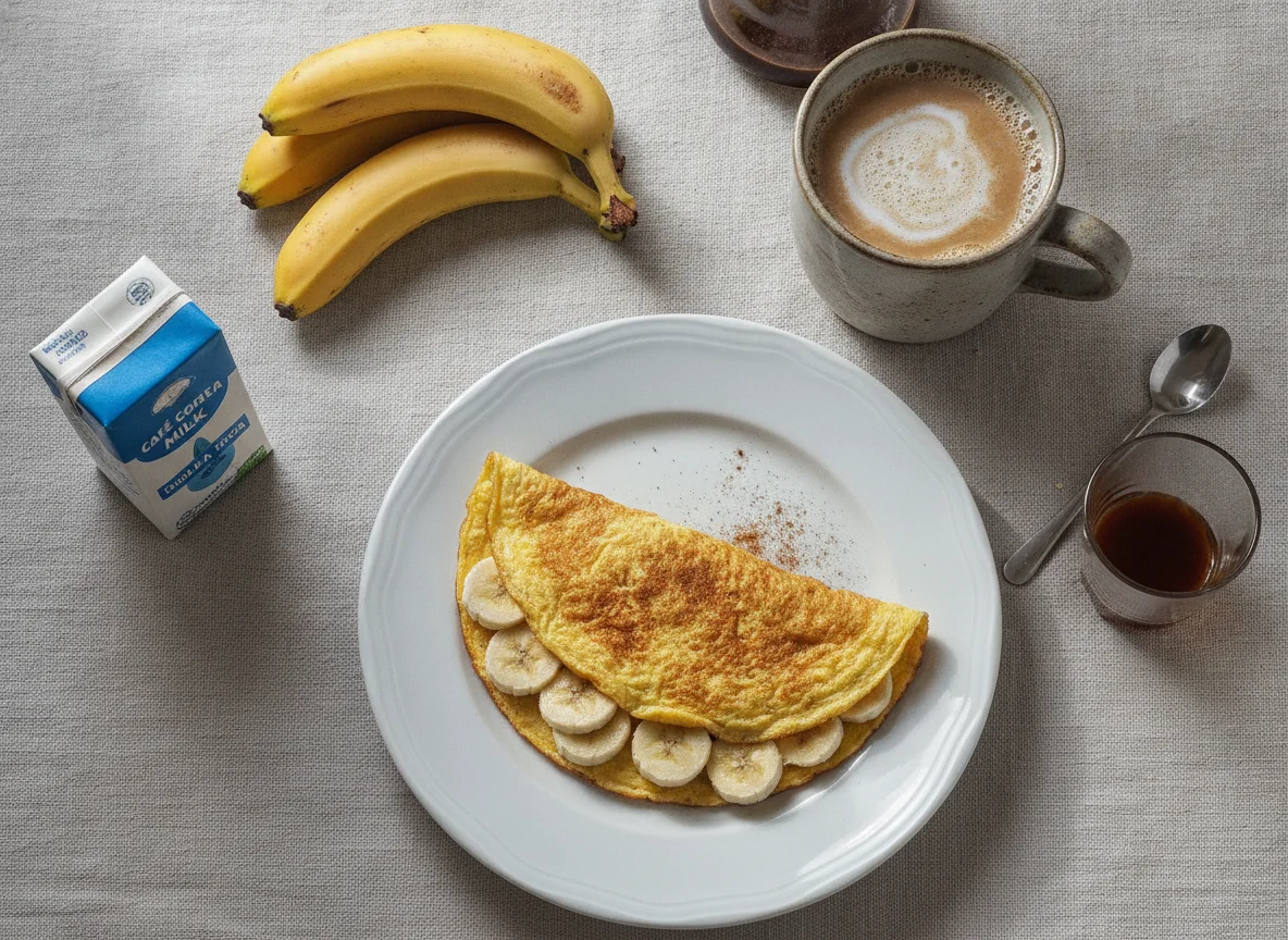 Omelete com banana e café com leite photo