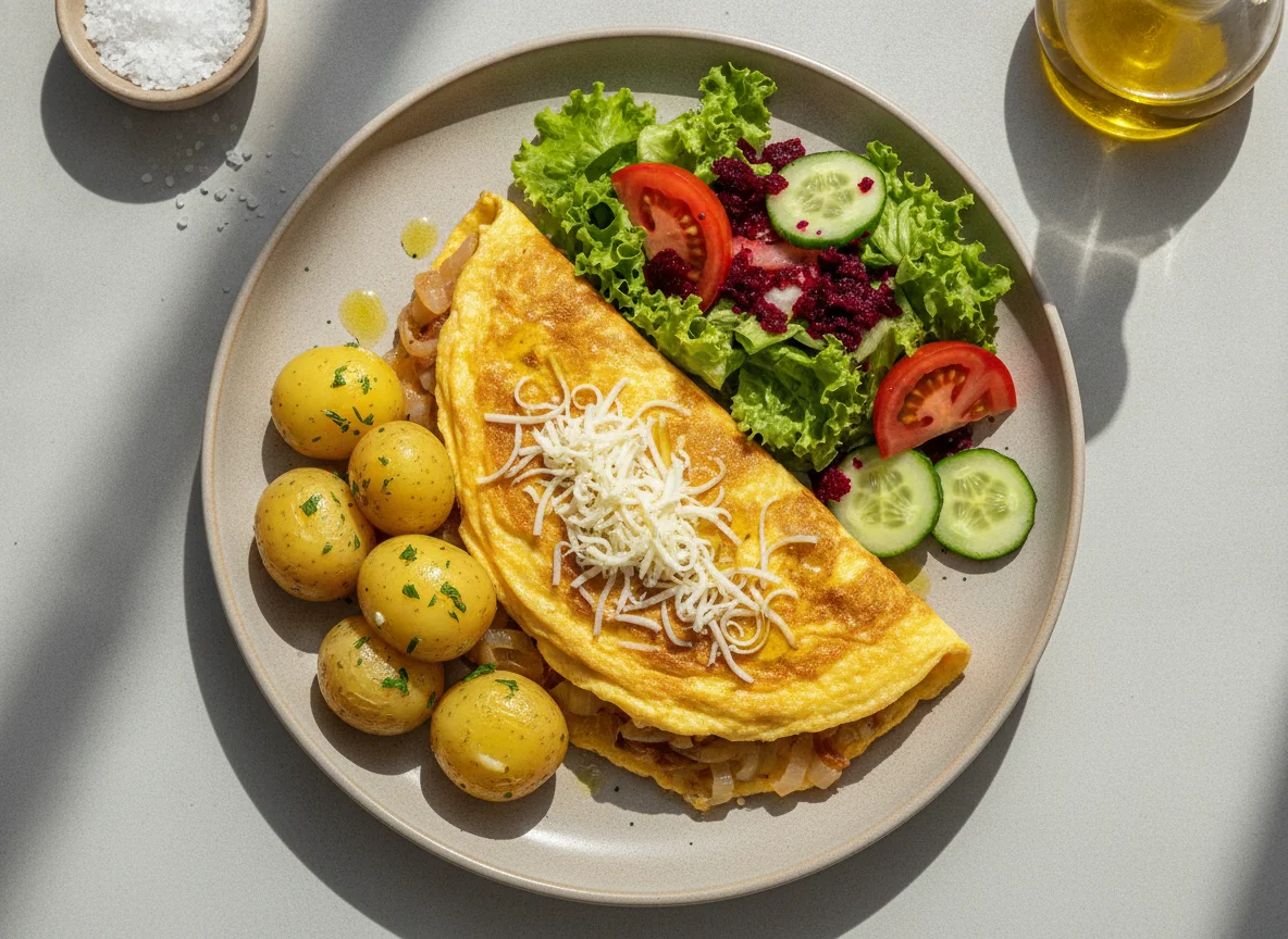 Omelete com batatas cozidas e salada mista photo