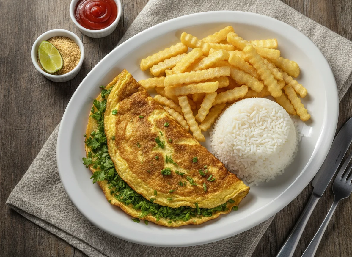 Omelete com batatas fritas e arroz photo