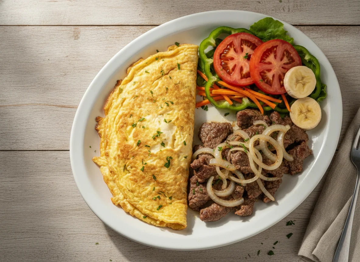Omelete com bife acebolado e salada photo
