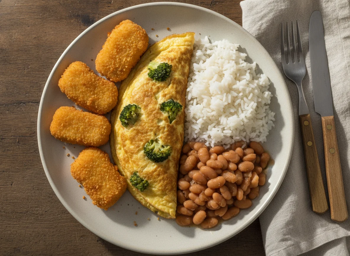 Omelete com brócolis, arroz, feijão e nuggets photo