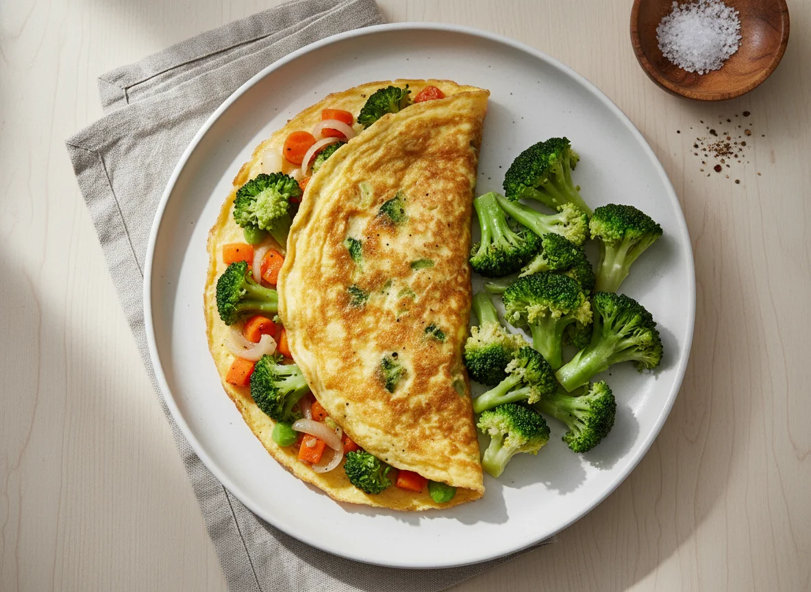 Omelete com brócolis e legumes, acompanhado de brócolis cozido photo