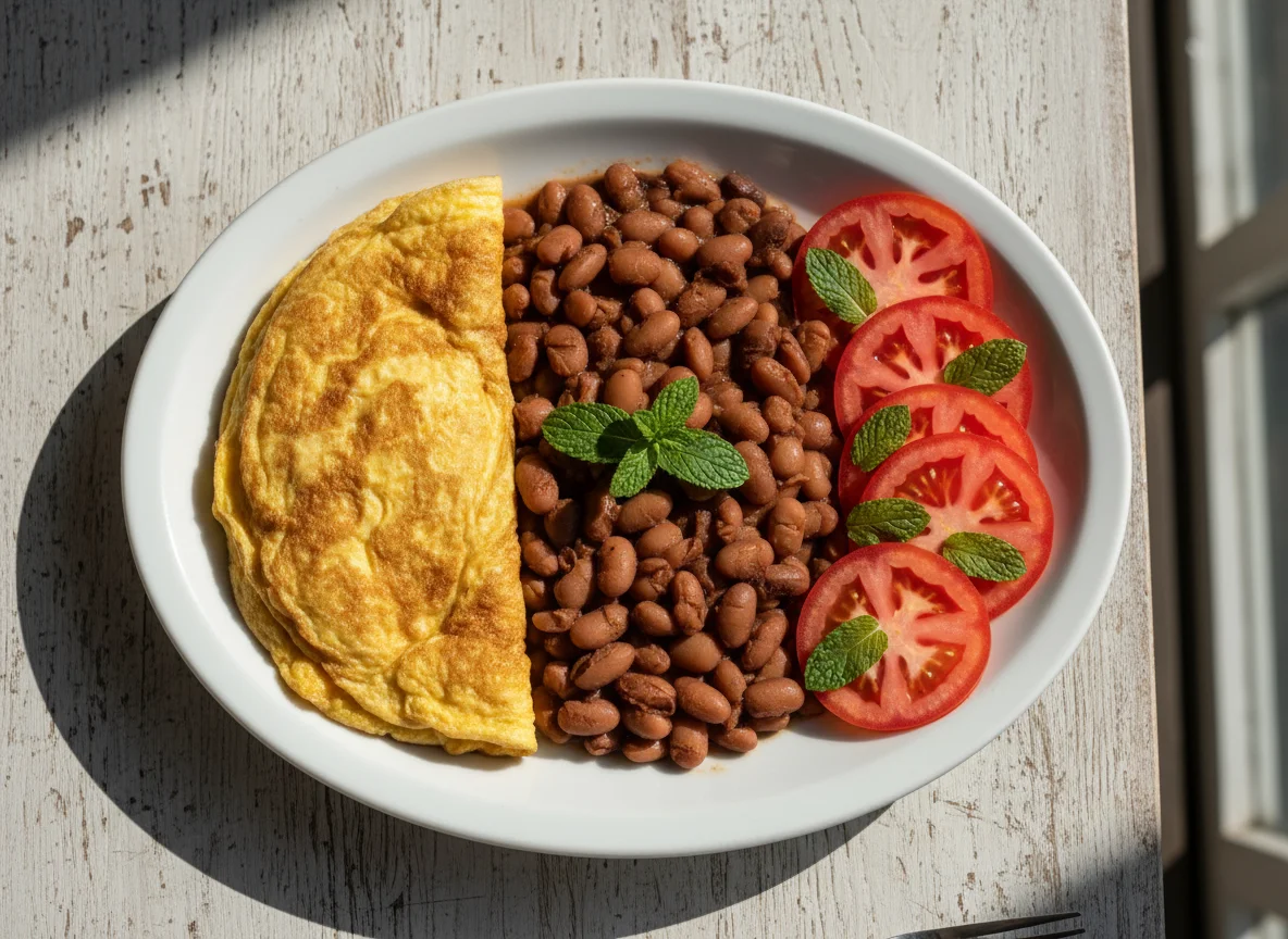 Omelete com feijão e salada de tomate photo