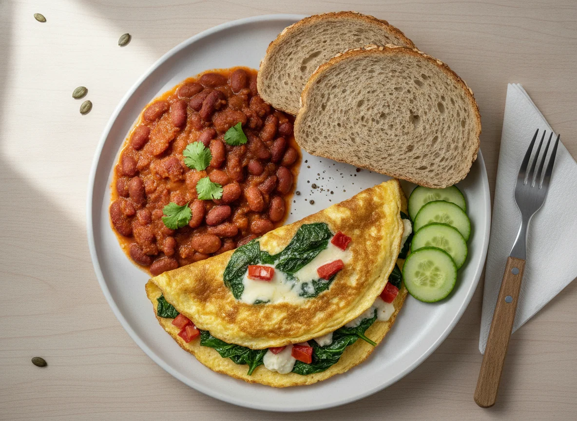 Omelete com feijão, pão integral e pepino photo
