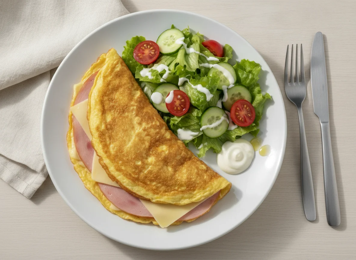 Omelete com fiambre, queijo e salada photo