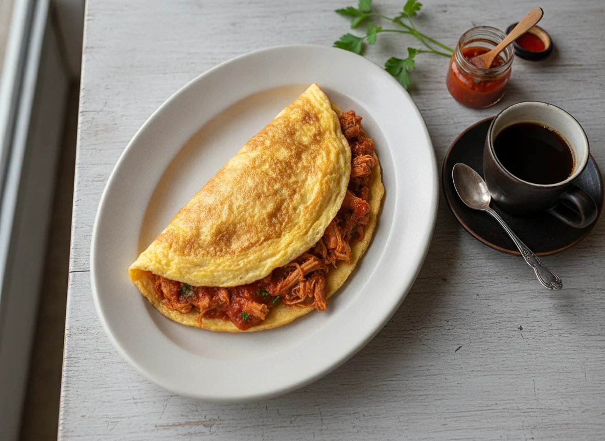 Omelete com frango desfiado e café photo